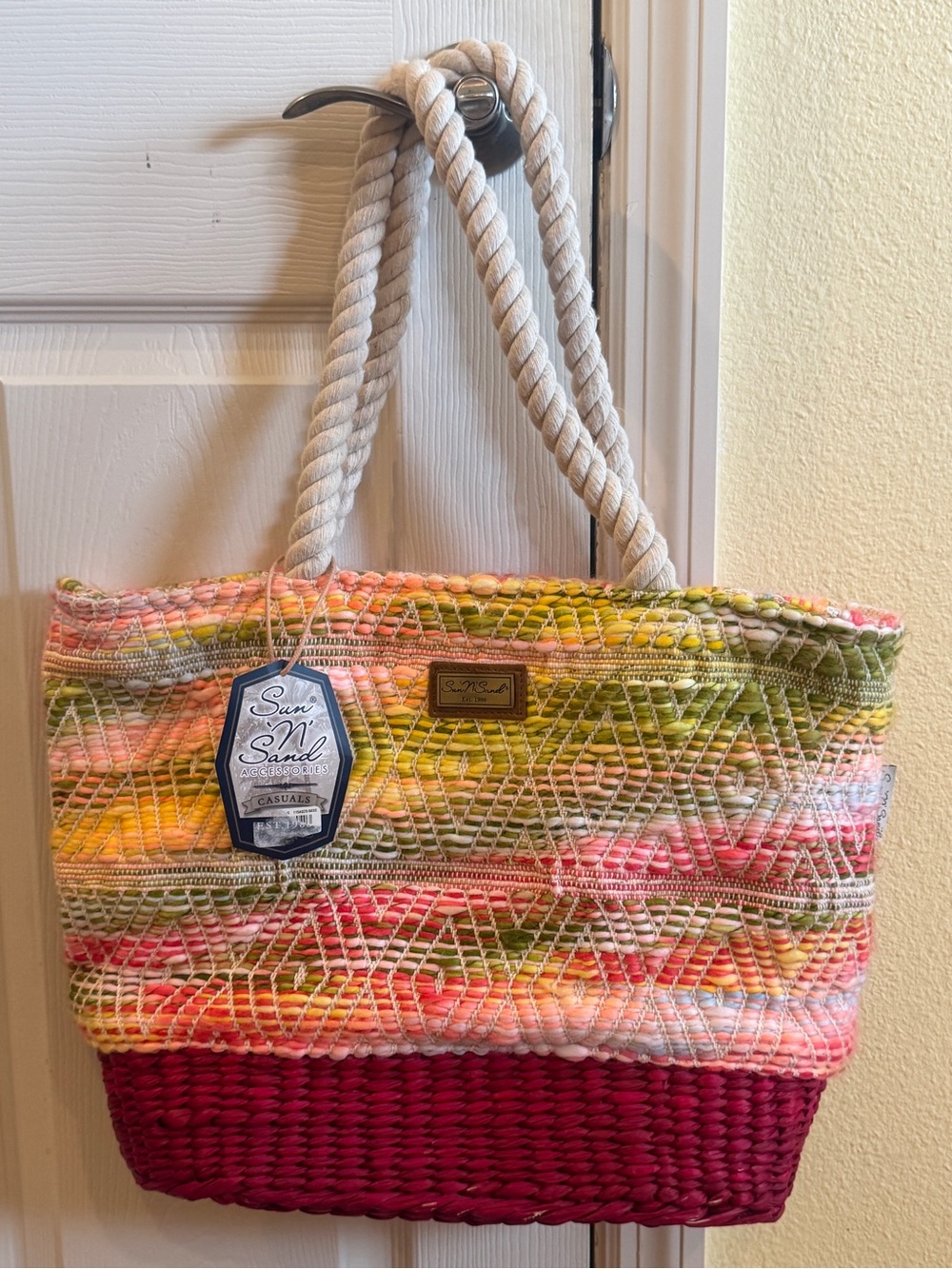 Sun N' Sand Multicolor Woven Tote with Burgundy Base and Rope Handles